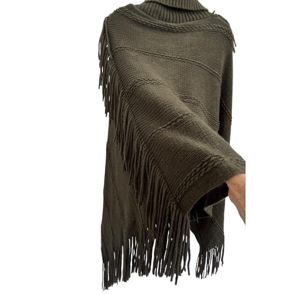 Leto Collection Fringe Poncho Wrap Olive Green One Size Bohemian Boho Hippie - Picture 7 of 13